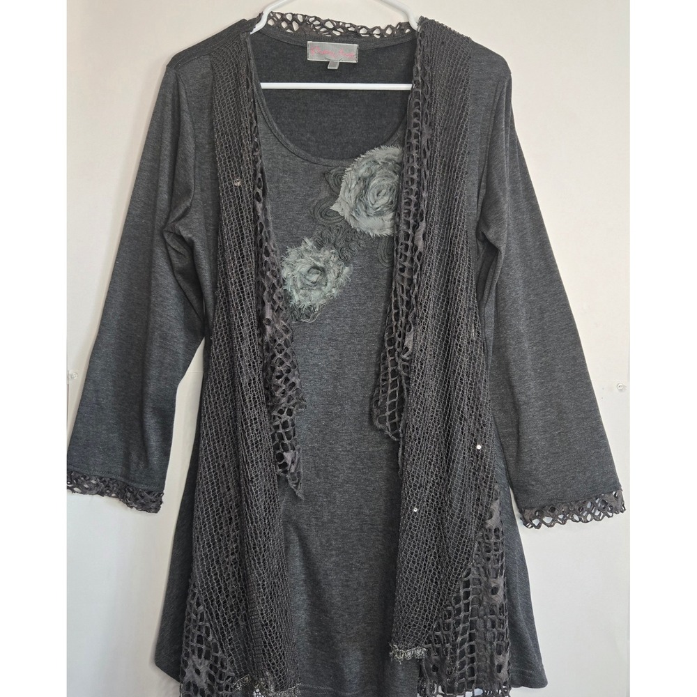 Pretty Angel Women Charcoal Gray Silk Blend Floral Applique Mesh Layered Tunic L - Picture 2 of 16